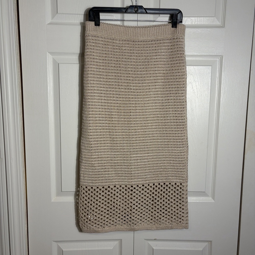 Ann Taylor Crochet Open Knit Pencil Skirt Women M Beige Lined Elastic Waist Boho
